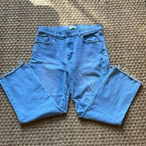 Loft straight jeans with frayed hem & distressing on pockets. 25 in. inseam